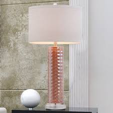 The Glass Table Lamp Features A Faceted Glass Body With An Iridescent Pink Finish Acrylic Base And Linen Drum Shade With Silken Li Lamp Glass Table Table Lamp
