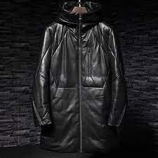 Black Leather Down Jacket With Hooded X Long Outerwear Men S Parka Leather New Stylish Men Down Leather Parka Jacket Pl Long Outerwear Parka Jacket Down Jacket