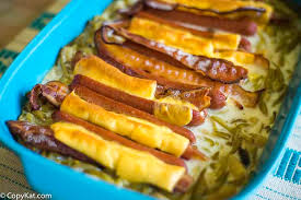 Hot dogs, baked beans, onion. Green Bean And Hot Dog Casserole Copykat Recipes