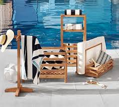 A sturdy outdoor storage box keeps items safe outside in any weather and is a great way to hide anything including patio cushions, garden tools and toys. Teak Wood Pool Storage Collection Pottery Barn