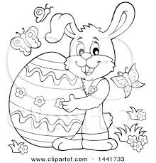 Draw it on a big white paper, hang on the wall or use as an easter decoration complete your card by drawing more easter. Clipart Of A Black And White Lineart Happy Easter Bunny Rabbit Holding A Giant Egg Royalty Free Vector Illustration By Visekart 1441733