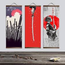 This Japanese Painting Is Done In A More Anime Style Design It Is Three Separate Pieces Of Japanese Samurai With A High Amount Of Contr Painting Art Interior