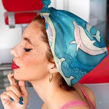 Hand Painted Silk Scarf. Dolphins Square Scarf in Marine Blue, Green. Paint  by Hand Dolphin Shawl. Summer Beach Bandana. Nautical Head Scarf