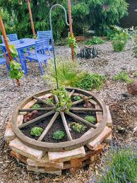 Altes Wagenrad Auf Ziegeln Bepflanzt Mit Sempervivum Und Geissblatt Gartendekor Vorgarten Garten