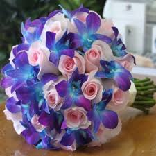 Blue Orchid Pink Roses Bouquet Combination Of Blue Purple Dendrobium Orchids And Blush Pink Wedding Flowers Wedding Flowers Blue Orchids Blue Wedding Flowers