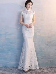 White Long Fishtail Qipao Cheongsam Wedding Dress Cozyladywear Asian Wedding Dress Cheongsam Wedding Chinese Style Wedding Dress