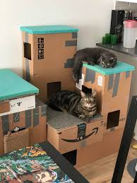 Diy Ed A Tower For My Cats From Amazon S Boxes I Think They Enjoy It Upcycling Cardboard Cat House Diy Cat Tower Cat Playground Diy