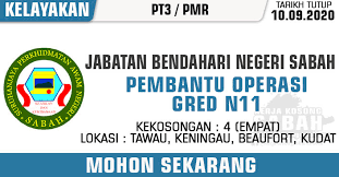 Negeri sabah yang sering dirujuk sebagai negeri di bawah bayu merupakan satu daripada 14 negeri yang terdapat di malaysia dan negeri kedua terbesar di malaysia selepas sarawak. Jawatan Kosong Kerajaan Negeri Sabah 2020 Pembantu Operasi Gred N11 Jabatan Bendahari Sabah Jawatan Kosong Terkini Negeri Sabah