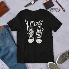 retro converse style hi tops design with laces spelling love vintage tennis shoes sneakers high tops short sleeve unisex t shirt