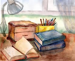 The Original Still Life With Books Watercolor Print Print Books A Desk Books Watercolor Painting Prin Expressive Art Watercolor Paintings Tutorials Painting