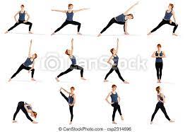 Standing yoga poses help build strength and flexibility. Fitness Woman In Various Standing Yoga Poses Young Attractive Female Fitness Model In Various Standing Yoga Poses Isolated Canstock