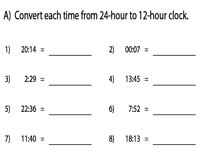 Time conversion chart (minutes to decimal hours) minutes decimal hours minutes decimal hours minutes decimal hours 1.02 21.35 41.68 2.03 22.37 42.70 Convert Between 12 Hour And 24 Hour Clocks Worksheets