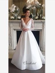 V Neck Elegant Lace Satin Wedding Dresses Long Sleeves Wedding Dresses Bridal Gown In 2020 Wedding Dress Long Sleeve Satin Wedding Gown Wedding Dresses Satin