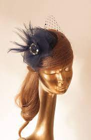 Navy Blue Fascinator With Birdcage Veil Wedding Mini Hat With Veil Blue Fascinator Navy Blue Fascinator Fascinator