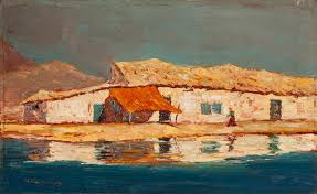 Michalis Economou Greek 1888 1933 Vielle Maison Des Pecheurs Pres De L Eau Martigues 29 X 47 Cm Artistic Vision Fine Art Greek Art
