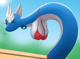 175524 - suggestive, artist:creatiffy, dragonair, fictional species,  semi-anthro, nintendo, pokémon, 2022, bent over, big breasts, bikini,  blurred background, breasts, clothes, detailed background, digital art,  ears, eyelashes, female, hanging breasts ...