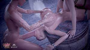 1girls 2futas 3d ass athletic female athletic futanari big  breasts big penis black hair blood crown bloodlust lanessa breast grab  breast squeeze breasts cerene cuffs dickgirl double penetration face