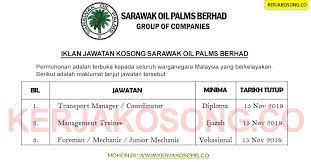 Portal kerjaya jawatan kosong terkini hanya menyiarkan untuk memudahkan permohonan anda. Jawatan Kosong Sarawak Oil Palms Berhad