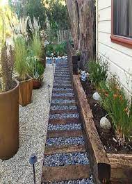 When you create a garden design with gravel and use an underlying landscape fabric it will drastically reduce the time you will have to spend in your garden weeding. Railway Sleepers Garden Edging Ideas Front Garden Design Side Yard Landscaping Front Garden Landscape