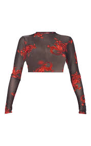 Red Dragon Printed Mesh Long Sleeve Crop Top In 2020 Red Long Sleeve Crop Top Long Sleeve Crop Top Mesh Long Sleeve