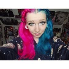 Half Pink Half Blue Hair Braids Liked On Polyvore Featuring Accessories Hair Accessories Blue Hair Accesso Bright Hair Colors Split Hair Blue And Pink Hair