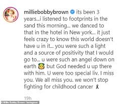Millie bobby brown's team told tmz they are taking action against tiktoker hunter echo ecimovic, who seemingly alluded to a rumored relationship between him and the stranger things starlet in a controversial instagram livestream that ignited the internet on monday. Millie Bobby Brown Aktien Eine Ruhrende Hommage An Ihren Verstorbenen Freund Drei Jahre Nach Ihrem Tod Aktuelle Boulevard Nachrichten Und Fotogalerien Zu Stars Sternchen