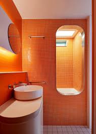Minimalist Living Space Inspired By The Japanese Nakagin Capsule Orange Bathrooms Orange Bathrooms Designs Orange Tiles