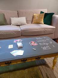 Chalkboard Painted Coffee Table In Two Trending Colors Yellow And Charcoal Love It Game Room Decor Game Room Family Game Room Basement