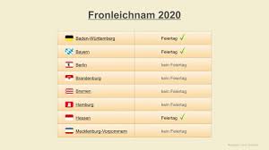 Bw, by, he, nw, rp, sl. Fronleichnam 2020 Datum Feiertage Deutschland 2020 Youtube
