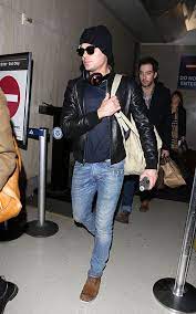 Zac Efron Wearing Black Leather Bomber Jacket Navy Crew Neck T Shirt Blue Jeans Brown Suede Casual Boots Black Leather Bomber Jacket Leather Bomber Jacket Leather Jacket Men