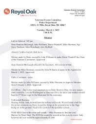 Veterans Events Committee Police Department 450 E. 11 Mile, Royal Oak, MI  48067 Tuesday, March 1, 2022 7:00 P.M. Minutes Call t