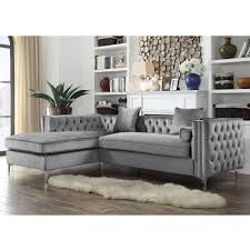 Cm6156gy 3 pc skyler gray fabric sectional sofa with nail head skyler ii transitional gray fabric upholstered sectional sofa with oah d6606 3 pc martinique dark gray linen like fabric nail head bellaire glam luxurious gray velvet fabric sofa sectional w. Chic Iconic Fsa2580 Dr Da Vinci Sectional Sofa W Left Chaise In Tufted Grey Velvet W Nailhead Trim On Metal Leg