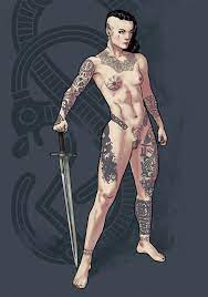 abstract background black hair dima ivanov full body lady sif  marvel nude pussy small breasts standing sword tattoo thor (series)  undercut 