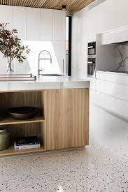 The flooring is a beautifully speckled terrazzo tile. The New Normal Terrazzo Golden Pine Kitchen Flooring Terrazzo Kitchen Terrazzo Kitchen Floor