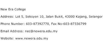 Blok b & c, lot 5, seksyen 10, jalan bukit kajang, selangor, malaysia, 43000. New Era College Address Contact Number Of New Era College