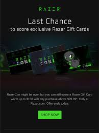 Get your favorite gaming gears (laptops, headphones, keyboards and more) at cheaper price. Razer Online Store Last Chance To Score Razer Gift Cards Worth Up To 150 Milled
