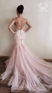 Pink Blush Lace Wedding Dress Mermaid Fluffy Removable Tulle Skirt Mermaid Hand Embroidery Lace Deep V Back Lace Deep V Neck Rosali In 2021 Blush Wedding Dress Lace Pink Wedding Dresses Lace Mermaid