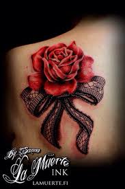 Black And Red Rose Tattoo For Women Girl With A Red Rose Black Lace Bow On Back Of Her Shoulder Lace Rose Tattoos Lace Tattoo Rose Tattoo On Back