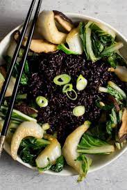 Black Rice Bowl With Bok Choy And Mushrooms Recipe Recipe Stuffed Mushrooms Black Rice Rice Bowls