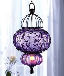 Amazon Com Purple Bohemian Handblown Glass Lantern Includes 18in Chain Hook Led Battery No Wiring Tea Lights Mor Avizeler Dekor