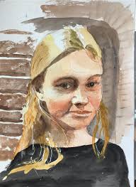 First attempt at a portrait in a loose style, from a photograph I took of a  student watress in Holland, New Year, 2020 ( with permission). Her right  eye looks too dark.
