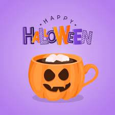 Halloween coffee eat & drink Premium Vector Greeting Card With Pumpkin Coffee Cup And Lettering Happy Halloween Illustration
