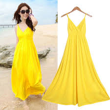 Summer Long Yellow Boho V Neck Beach Spaghetti Strap Cotton Casual Maxi Dress Unbrand Maxi Casual Yellow Maxi Dress Maxi Dresses Casual Maxi Dress