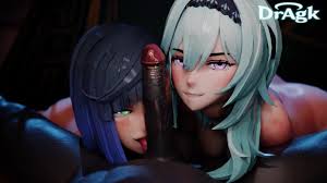 Yelan and Eula Worshiping Hilichurl Cock Threesome Cum swap Genshin Impact  3D Porn Cum in mouth BBC