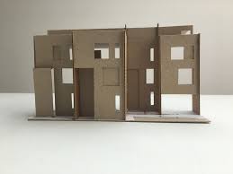These pieces would be cut out, folded, scored and glued together. Annabelle Tugby Architects Front Facade Of Proposed House Scheme Architectural Card Model Architect Card Model Contemporary Architecture