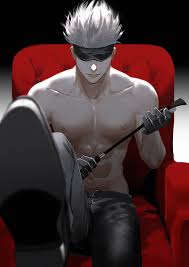 genii, gojou satoru, jujutsu kaisen, highres, 1boy, blindfold, chair, male  focus, pants, riding crop, sitting, solo, solo focus, topless male - Image  View - | Gelbooru - Free Anime and Hentai Gallery