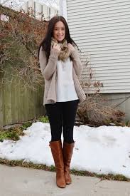 Black Boots With Brown Top White Top Light Tan Cardigan Black Leggings And Knee High Brown Boots Stylish Winter Outfits Pullovers Outfit Stylish Sweaters