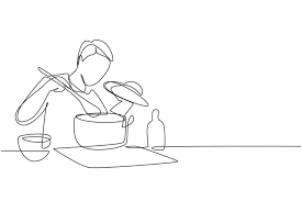 Single One-Line-Zeichnung gut aussehender Ehemann, der den Geruch des  Kochens aus dem Topf genießt.