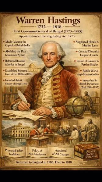 1️⃣ Warren Hastings was the first Governor-General of Bengal (1773–1785)., 2️⃣ He was appointed under the Regulating Act 1773. 3️⃣ He made Calcutta (Fort William) the capital of British India., 4️⃣ ...