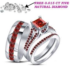 14k White Gold Fn Garnet Trio Set His Hers Matching Engagement Ring Wedding Band Wedding Ring Trio Sets Wedding Rings Sets His And Hers Garnet Wedding Rings